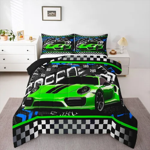 Vista 28 de Feelyou Juego de edredón azul de carreras para niños, juego de ropa de cama de coche deportivo para niños y niños, edredón deportivo geométrico a