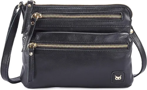 Vista 4 de Wise Owl Accessories Bolso cruzado pequeño de cuero real con triple cremallera para mujer, bolso cruzado vintage de primera calidad