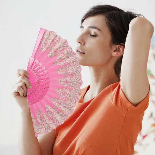 Vista 5 de INNOLIFE Abanico de mano plegable español con patrón retro para mujeres, abanico plegable chino de mano para fiestas, baile, bodas y decoración