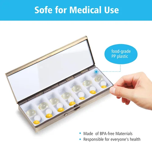 Vista 3 de Pastillero organizador de píldoras de metal bonito de 7 días con diseño abierto de resorte y 7 compartimentos para guardar vitaminas, suplementos