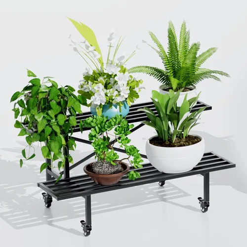 Vista 2 de Zhongma - Soporte de planta de metal resistente de 2 niveles con ruedas