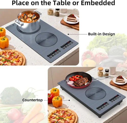 Vista 8 de VBGK Placa de cocción de inducción, placa caliente de doble quemador de 110 V 2300 W con control táctil LED, 9 niveles de potencia, bloqueo