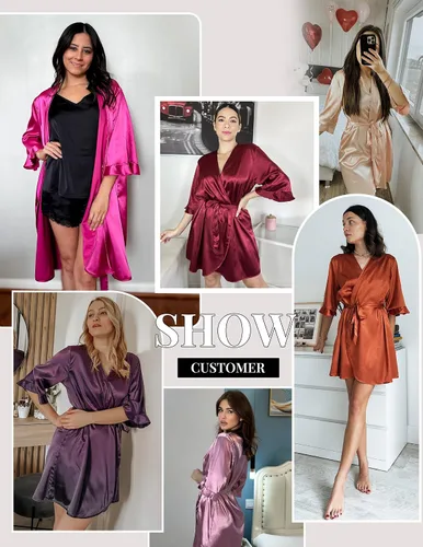 Vista 6 de Ekouaer Bata de satén para mujer, lencería de San Valentín para mujer, kimono, bata corta con volantes, cinturón, ropa de dormir para damas de honor