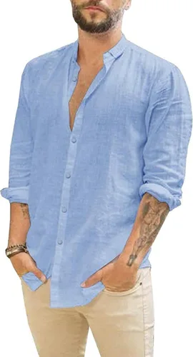 Vista 8 de Camisas de lino de manga larga para hombre, camisa casual con botones, ajuste regular, para verano, playa, boda