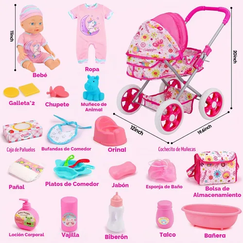 Vista 3 de Qirptey Juego de cochecito de muñeca de bebé, juguetes para niñas y niños
