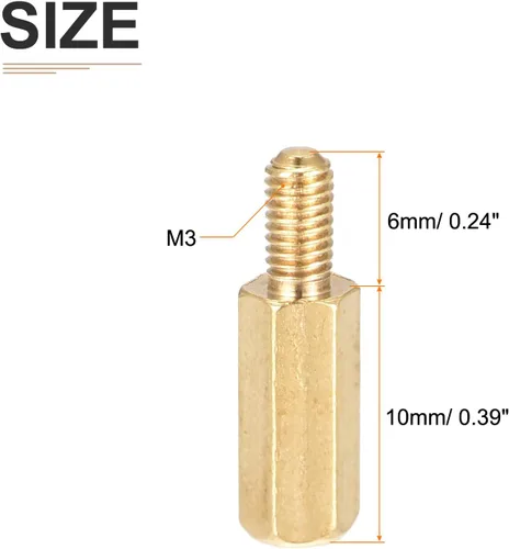 Vista 2 de DTGN M3x10x6mm (DxHLxML) - Separador hexagonal de latón - Paquete de 20 - Bueno para máquinas electrónicas - Tuercas de tornillo espaciadoras macho