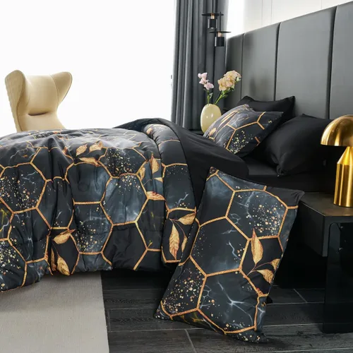 Vista 9 de ZRNBAST - Juego de edredón de nido de abeja negro de tamaño completo de 7 piezas, ropa de cama hexagonal suave y ligera, de mármol para todas