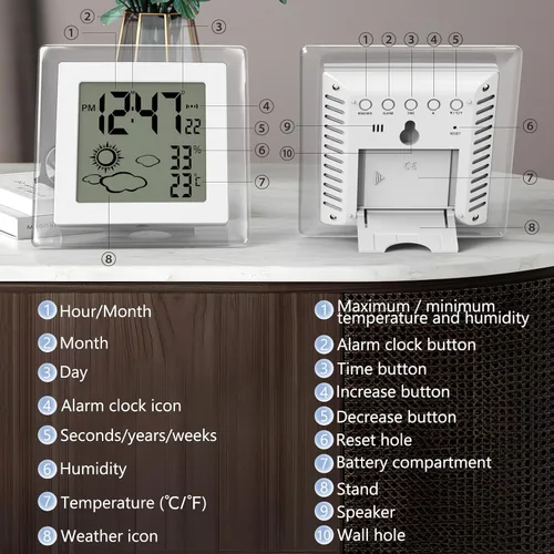 Vista 7 de Reloj pequeño digital, funciona con batería, despertador con retroiluminación automática, temperatura y humedad interior, 12/24H, fecha, reloj