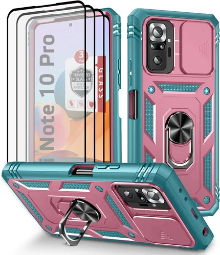 Vista 9 de Funda para Xiaomi Redmi Note 10 Pro, Redmi Note 10 Pro MAX con 3 protectores de pantalla de vidrio templado con soporte de anillo integrado + Negro