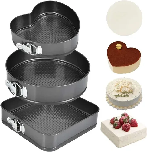 Vista 5 de Juego de 3 moldes para tartas de acero redondo con forma cuadrada de corazón antiadherente, molde para tartas de queso, parte inferior extraíble