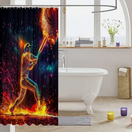 Vista 71 de Decorative White Baseball Shower Curtain Waterproof Polyester Fabric,Red Baseball Bat Bath Curtain Home Bathroom Decor Hanging Curtain with Hooks 72