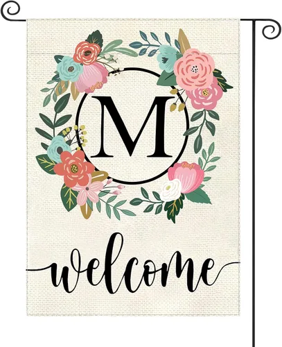 Vista 18 de Bandera de jardín con letra monograma, floral, 12 x 18 pulgadas, doble cara para exterior, pequeña de arpillera, familia, apellido, bandera inicial