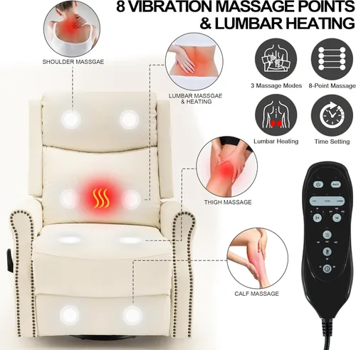 Vista 3 de Faux Leather Manual Swivel Rocker Recliner Chair, Vibration Massage, Beige