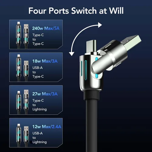 Vista 3 de MFish Cable de carga USB 4 en 1 con funda de transporte, cable de carga rápida de 240 W, USB-A y USB-C dual a USB-C/Lightning, para iPhone Negro