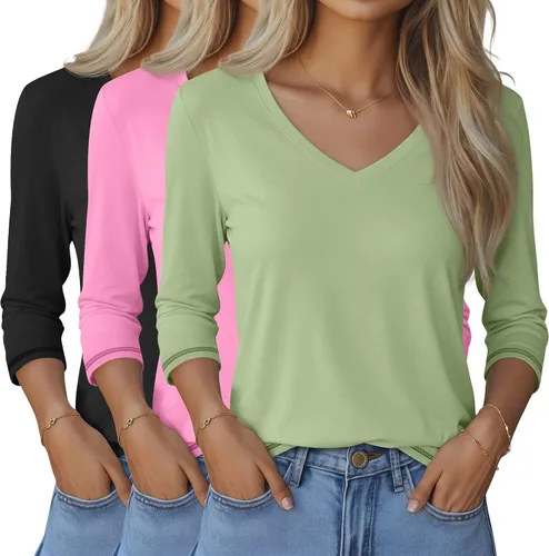 Vista 8 de Ficerd Paquete de 3 camisetas de manga 3/4 para mujer, cuello en V, blusas holgadas, blusas casuales, ropa de moda 2026
