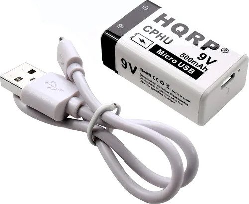 Vista 2 de HQRP Paquete de 2 baterías recargables USB de iones de litio de 9 V, alta capacidad, 500 mAh, 9 voltios, carga rápida de 1.5 H, 800 ciclos con cable