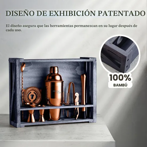 Vista 4 de Conjunto de accesorios para cócteles y bar con soporte de madera rústica