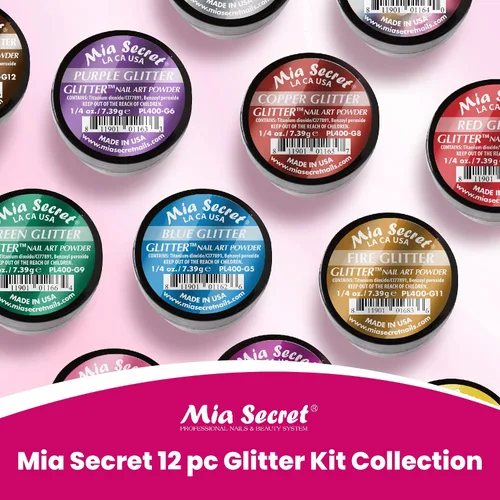 Vista 2 de Mia Secret Colección de polvos acrílicos GLITTER (12 piezas) Colección de polvos para arte de uñas con 12 colores únicos, fabricado en Estados Unidos