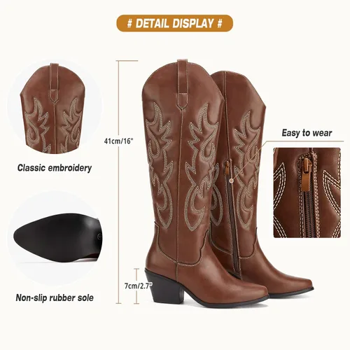 Vista 3 de TINSTREE Botas vaqueras bordadas para mujer, botas vaqueras occidentales, botas altas hasta la rodilla