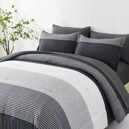 Vista 3 de Anibedding Juego de edredón individual de 5 piezas en una bolsa, juego de edredón a rayas negras y grises con sábanas, juego de ropa de cama