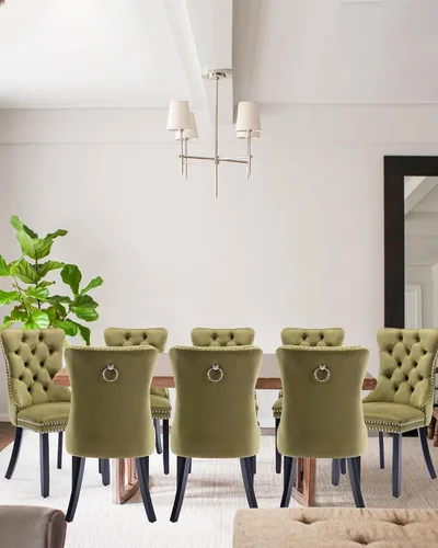 Vista 29 de Juego de 2 sillas de comedor de terciopelo con patas de madera, color beige Mid Century Modern Dining Chairs,Upholstered Chairs with Nailhead