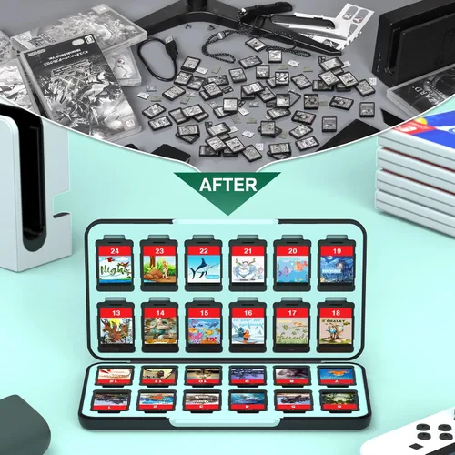 Vista 6 de CYKOARMOR Switch Game Case 24 - Funda compatible con tarjetas de juego Nintendo Switch y 24 tarjetas de memoria, soporte portátil