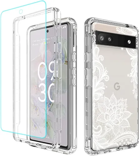 Vista 8 de Funda para Google Pixel 6A, diseño floral, protector de pantalla de vidrio templado transparente, funda protectora de cuerpo completo