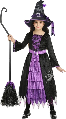 Vista 4 de SKCAIHT Disfraz de bruja para niñas con sombrero disfraz de bruja de Halloween para niñas pequeñas