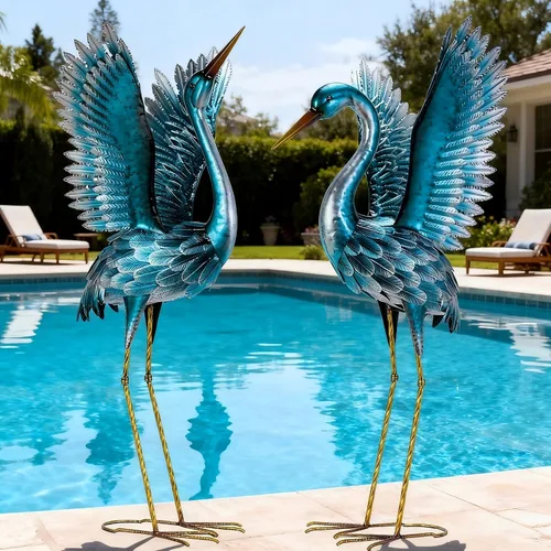 Vista 10 de Natelf Esculturas y estatuas de grúa de jardín, decoración de garza azul al aire libre, arte grande para patio de pájaros, adornos de césped