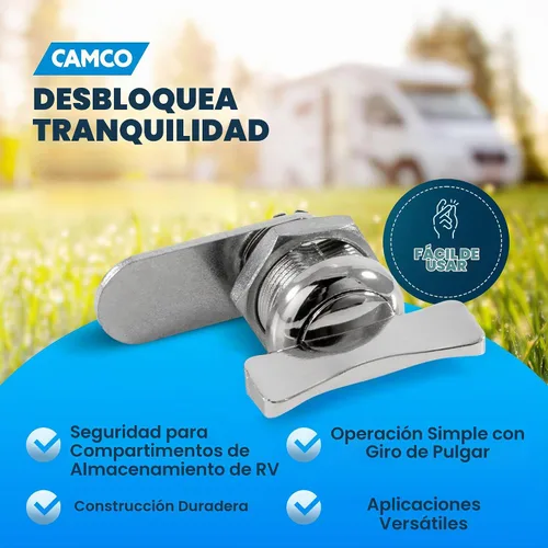Vista 8 de Camco Candado de leva compensada Presenta un estilo de candado de fácil giro operado con el pulgar, incluye una compensación de 5/8 pulgadas y un