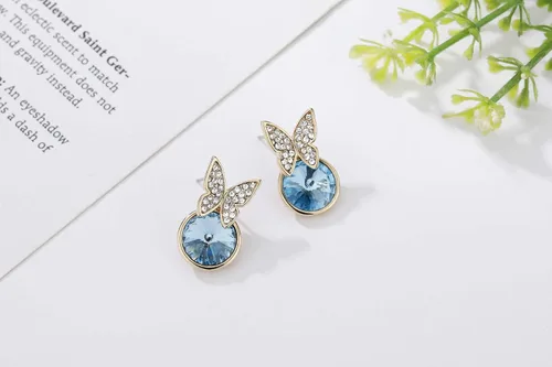 Vista 4 de KRUCKEL Aretes colgantes de mariposa hechos con cristal de Swarovski Aretes chapados en aleación de oro con forma de gota azul, regalo para mujer
