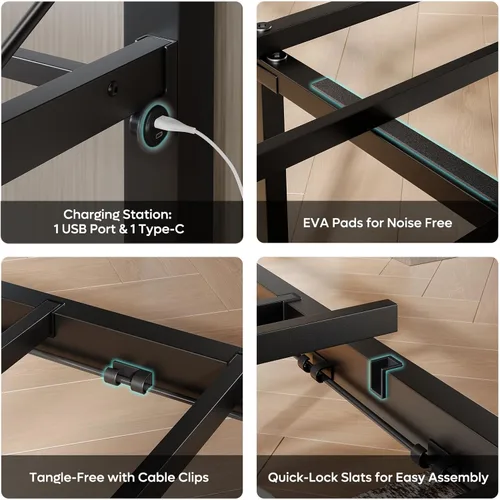Vista 7 de Pinmoco Base de cama tamaño Queen con cabecero y estribo, cama de plataforma de metal resistente con espacio de almacenamiento debajo de la cama