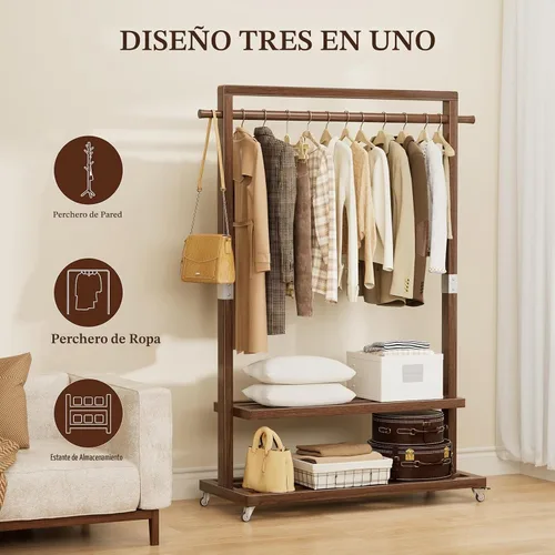 Vista 6 de Perchero de madera maciza con ruedas, 2 estantes