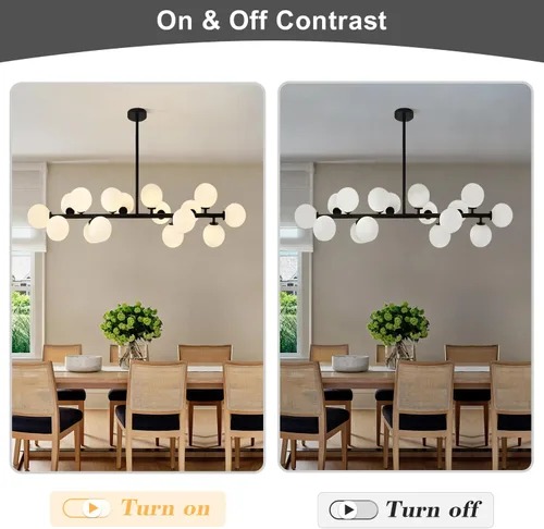 Vista 4 de KCO Lighting Farmhouse - Lámpara de araña de comedor con globo lineal, lámpara de cristal de leche negra, 16 luces Sputnik, lámpara colgante moderna