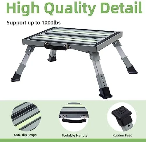 Vista 4 de Iron RV Steps, taburete plegable ajustable de 4 niveles con patas de goma antideslizantes, plataforma de tira fluorescente antideslizante