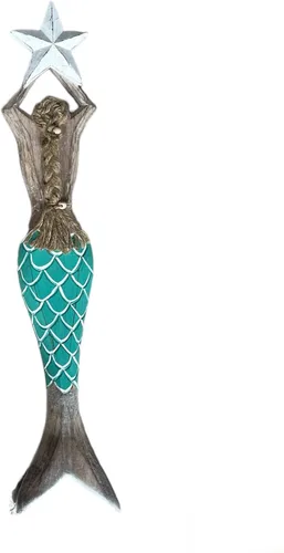 Vista 4 de OMA Escultura de sirena de madera para decoración de pared, playa náutica costera, sirena, estrella, estatua colgante, decoración del hogar, grande