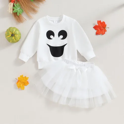 Vista 2 de Falda de Halloween para niña pequeña, disfraz de fantasma para bebé, sudadera con estampado de cara con falda tutú, disfraces de otoño