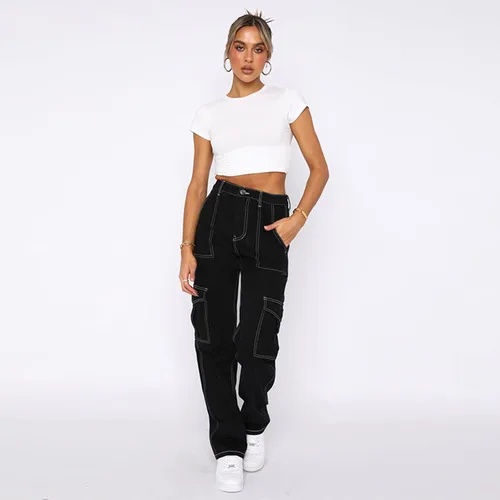 Vista 6 de YUTANRAL Pantalones cargo para mujer, cintura alta, pierna ancha, a la moda, casual, holgados, Y2K, pantalones de senderismo con bolsillos, negro