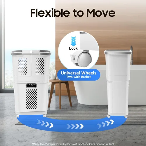 Vista 4 de Cesta de lavandería con ruedas extraíbles, herramienta de lavandería de 3 niveles para baño, sala de estar, dormitorio, de pie, grande, de mano