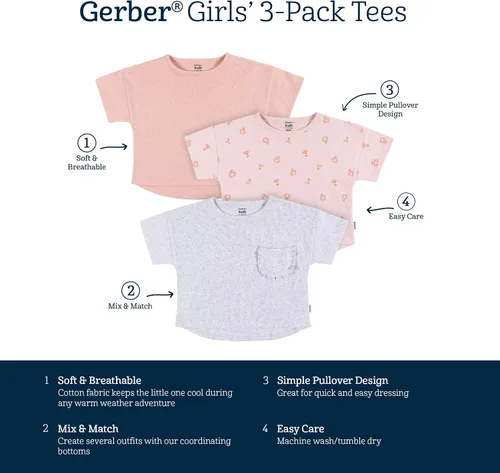 Vista 6 de Gerber baby-girls Toddler 3-pack Short Sleeve Tees