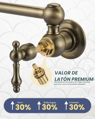 Vista 7 de WOWOW Grifo de llenado de ollas de bronce antiguo, grifo de cocina de montaje en pared de latón con brazos oscilantes de doble junta