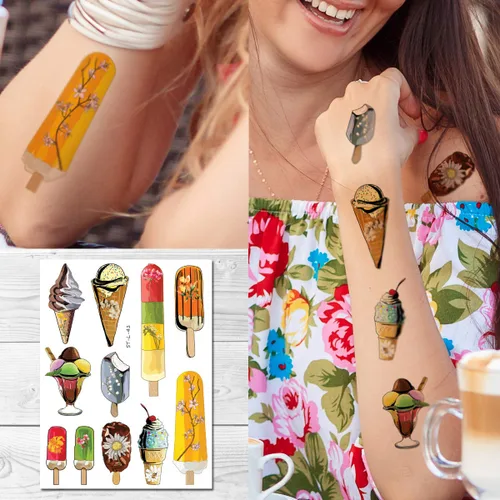 Vista 2 de Supperb® Tatuajes Temporales - Acuarela Helado Cono Paletas Ice Pops Postre Comida Niños Tatuaje