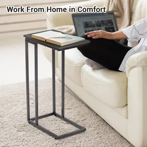Vista 5 de Mesa auxiliar en forma de C, juego de 2 bandejas de TV, escritorio lateral para laptop, para sala de estar, dormitorio, espacios pequeños, negro