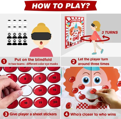 Vista 5 de PARTYLOUD Pin The Nose on The Clown, juegos de fiesta de circo, juegos de fiesta temática de carnaval, suministros de fiesta preescolar para niños