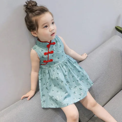 Vista 3 de Vestido de bebé niña pequeña chino asiático Qipao a cuadros, floralconejo, estampado Cheongsam sin mangas, vestido de verano