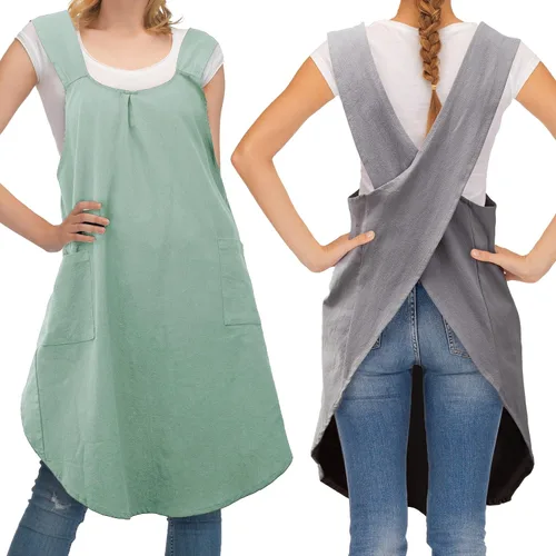 Vista 9 de JaGely Paquete de 2 delantales de cocina de lino japonés con espalda cruzada para mujeres y hombres con 2 bolsillos, lindo vestido de jardinería