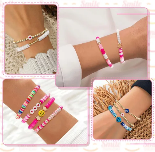 Vista 4 de Vitustua 16pcs Preppy Heishi Bracelets Set Stackable Colorful Cute Happy Face Charm Pearl Stretchy Beaded Bracelet Summer Beach Layering Bracelet