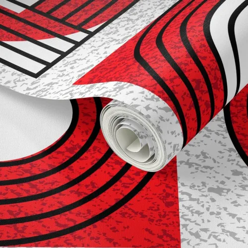 Vista 2 de Muestras de papel tapiz para despegar y pegar, Bauhaus rojo y blanco, moderno, abstracto, geométrico, círculos negros, gráfico, papel tapiz