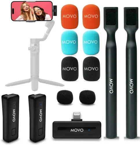 Vista 8 de Movo Micrófono inalámbrico Mini DI Ultra Compact Wireless Lavalier para iPhone con adaptador de mano WMX-HM - Micrófono de solapa con soporte