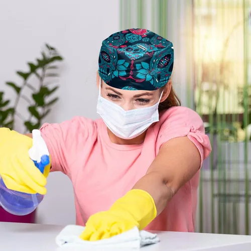 Vista 5 de 2 paquetes de gorro de trabajo con diseño de calavera encantadora con botones y banda para el sudor